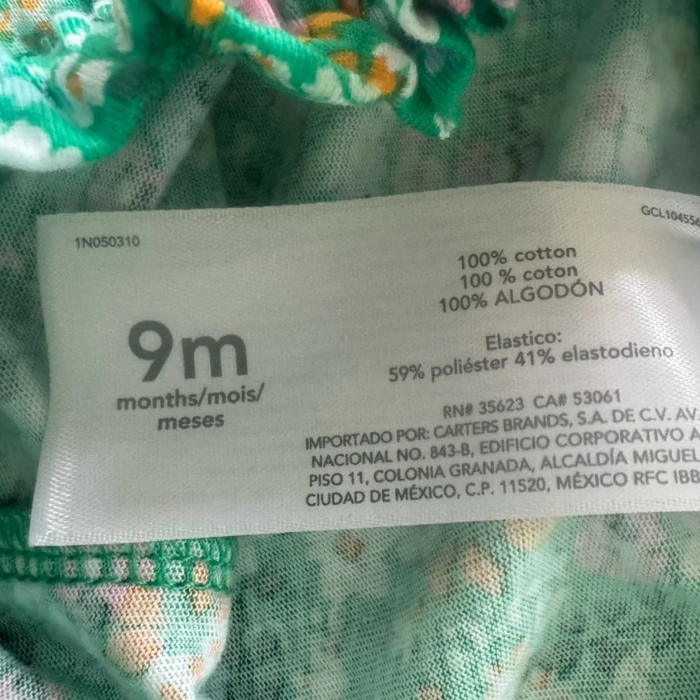 Carter's Baby Infant Girls'  Green Floral Bow Pants 9 Months 100% Cotton‎